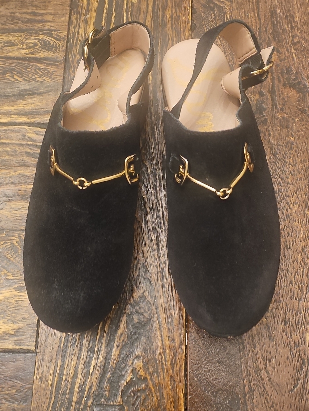 Sam Edrlman Black Suede Slingback Clog with Gold Bit Detail Size 6